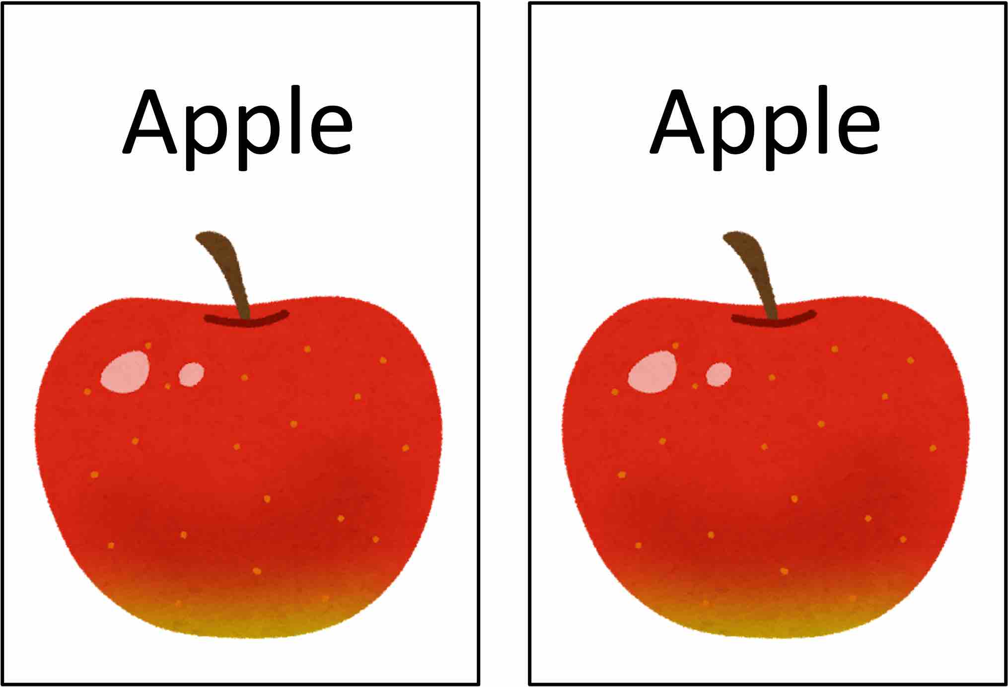 りんごのイラストと英単語Appleの両方が印刷されているカードのペア
